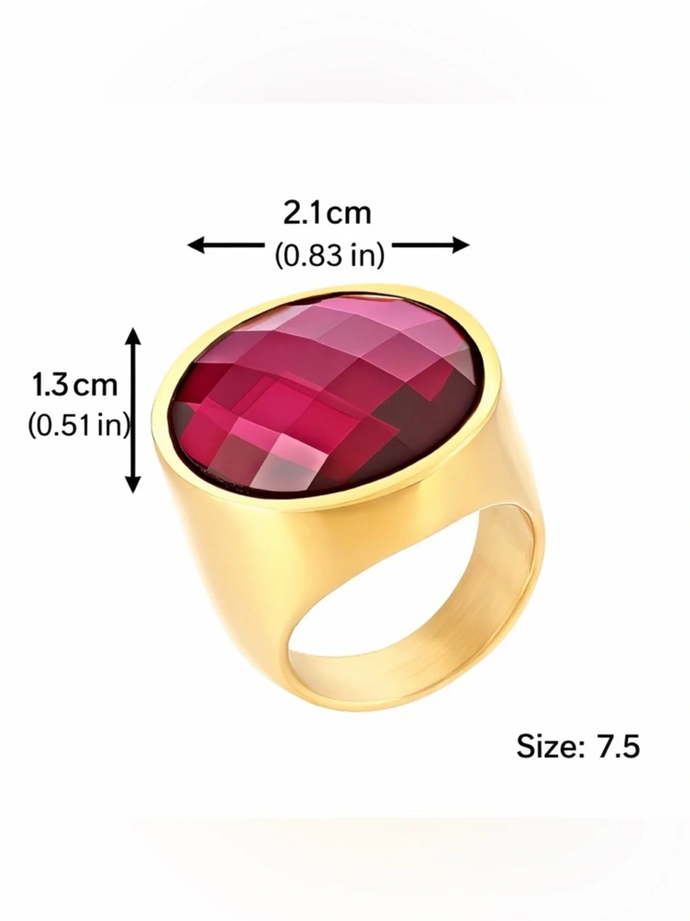 18K Gold Plated Pink Gemstone Statement Ring Stainless Steel Size 7.5 NWT